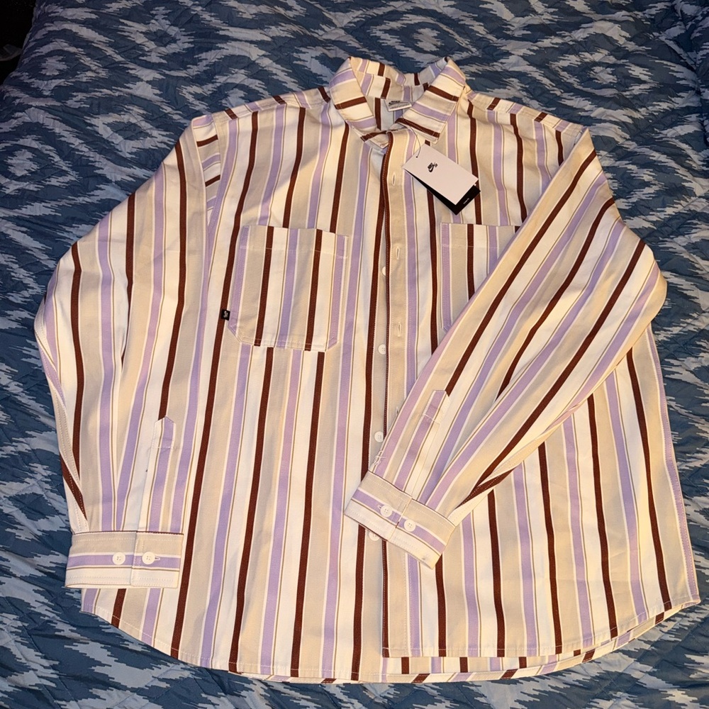 Nike SB Men's White and Brown Striped Button Down Shirt